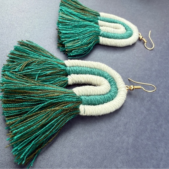 Macrame Woven Rainbow Tassel Earrings in Teal Green and White - Picture 5 of 10